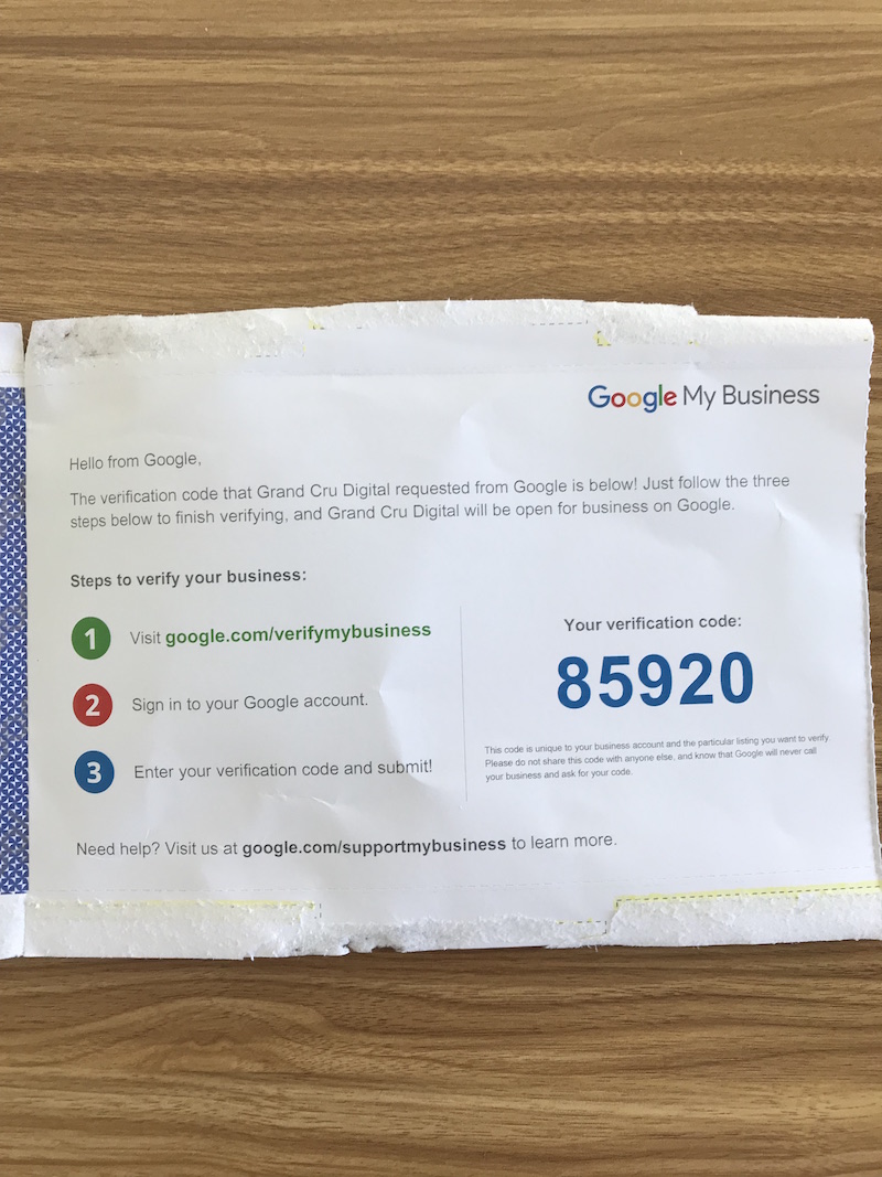 Google My Business Verification Code - Grand Cru Digital