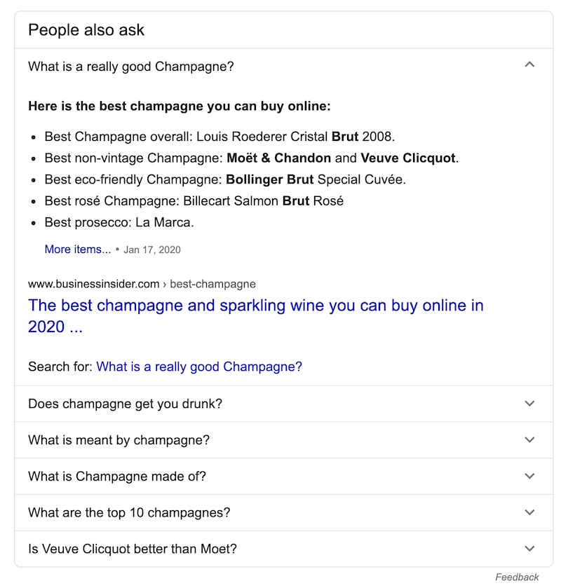 Google's People Also Ask Section - Champagne Example