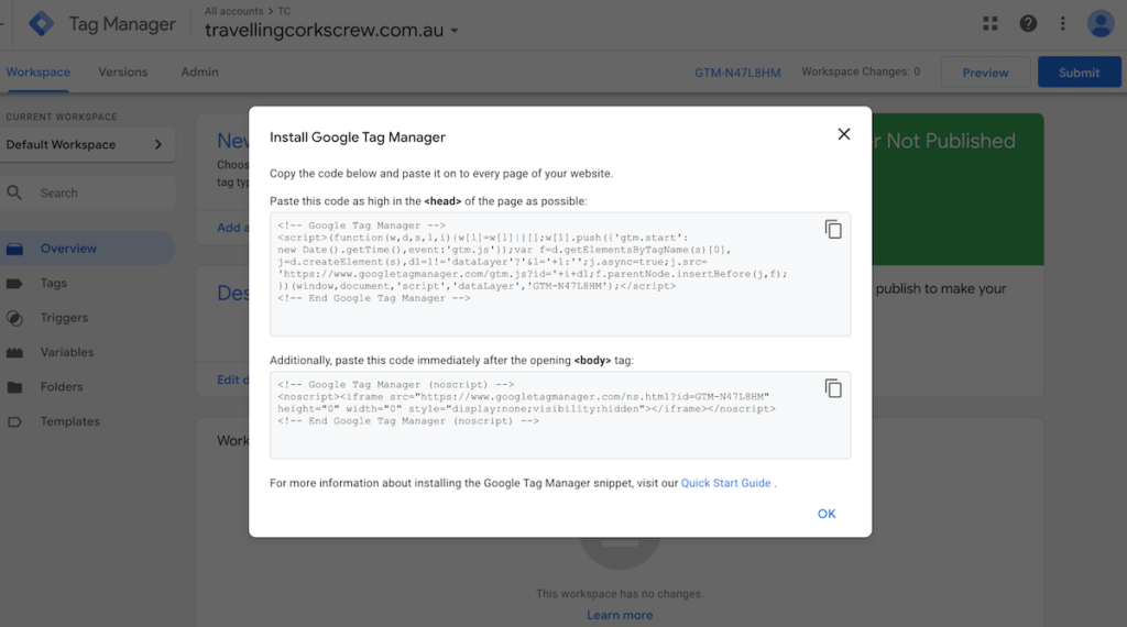 Install Google Tag Manager code on website