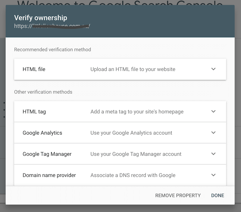 Verify ownership of Google Search console account