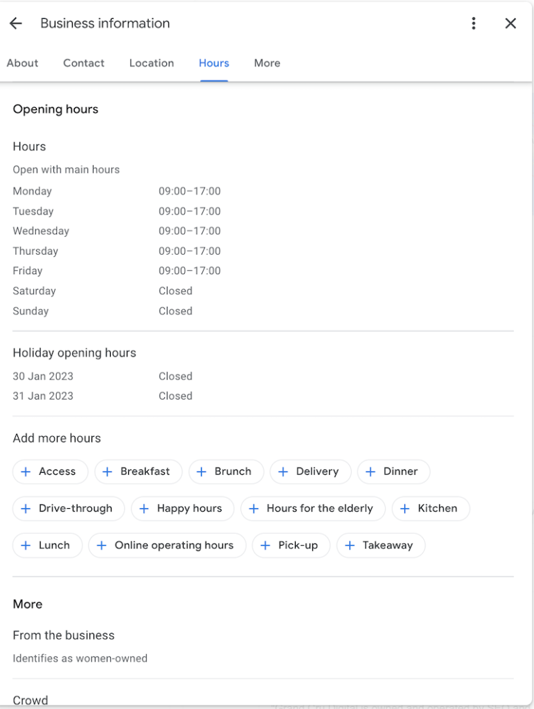how to update business hours on google